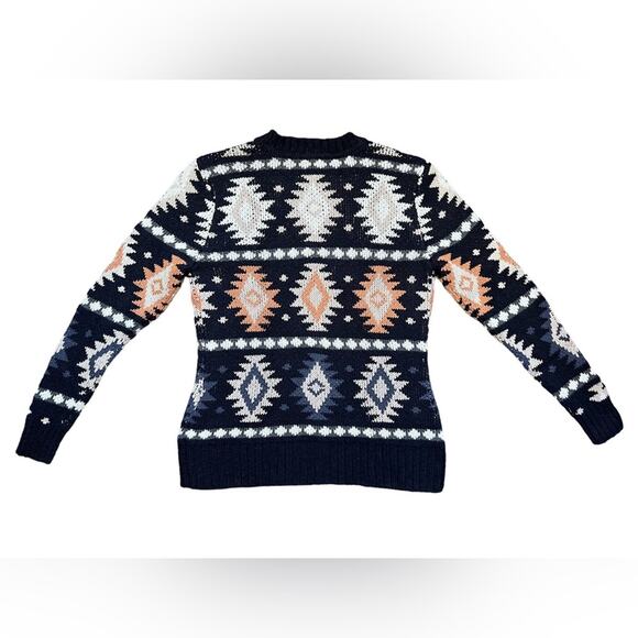 L.L. Bean Signature Navy Orange White Knit Southwestern Sweater Womens Large - Picture 3 of 12
